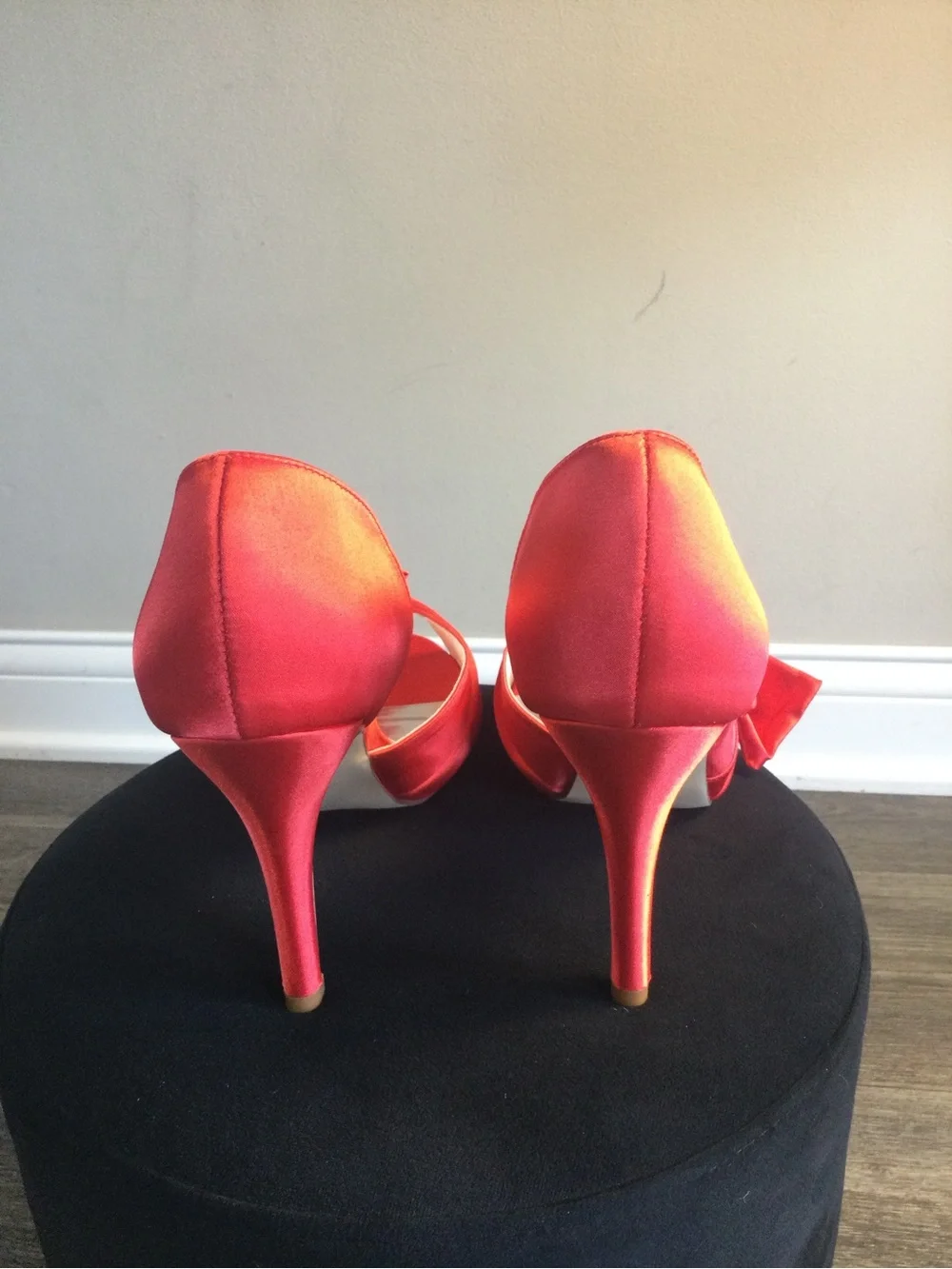 Satin Bow Peep-Toe Heels in Red